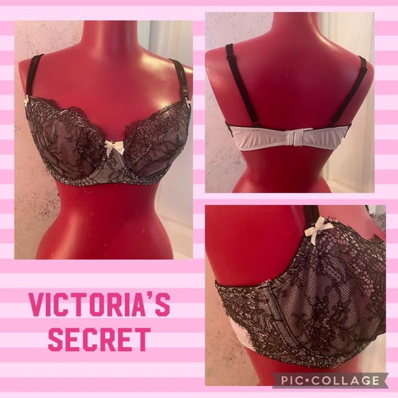 Victoria’s Secret unlined Demi bra black and pink lace with pink bow detail bra - Picture 1 of 12